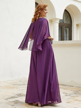 Robe Perlée Longueur au Sol avec Manches Flottantes à Col en V Raisin