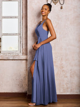 Robe en Mousseline à Col en V Profond et Bretelles Spaghetti avec Fente Pervenche