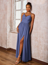 Robe à Bretelles Spaghetti Croisées dans le Dos et à Col en V avec Fente Pervenche