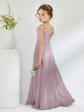 Robes de Demoiselle d'Honneur Junior Froncée à Col en V Longueur au Sol Crépuscule