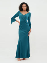 Robes Longues en Velours Sirène à Col en V avec Manches Bleu Encre