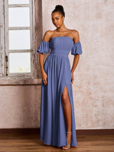 Robe en Mousseline à Col Carré avec Manches Flottantes et Fente Pervenche