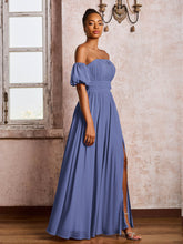 Robe en Mousseline à Col Carré avec Manches Flottantes et Fente Pervenche