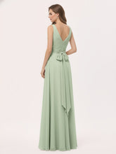 Col en V Mousseline Robe Longue avec Nœud Sauge Poudrée