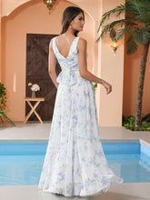 Robe Longue en Mousseline à Col en V avec Nœud Lavande Florale