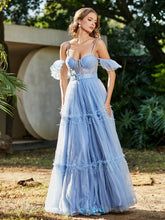 Robe Plissée en Tulle Longueur au Sol à Manches Flottantes Bleu