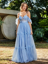 Robe Plissée en Tulle Longueur au Sol à Manches Flottantes Bleu