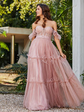 Robe Plissée en Tulle Longueur au Sol à Manches Flottantes Dusty Rose Grande Taille