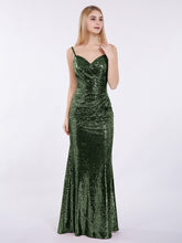 Bretelle Spaghetti Paillettes Robe avec Col en Cœur Olive Verte Grande Taille