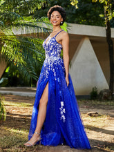 Robe de A-ligne en Tulle à Lacet et Col en V Bleu Royale