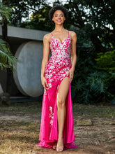 Robe Sirène en Tulle à Lacet et Col en V Fuchsia