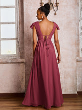 Robe Plissée à Col en V Plongeant avec Manches Flottantes et Ceinture Cannelle Rose