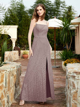 Robe Longue en Dentelle à Encolure Carrée avec Fente Dusk