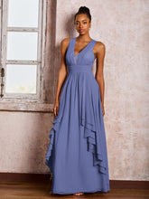 Robe à Col en V Plongeant et Dos Ouvert avec Volants et Jupe en Cascade Pervenche