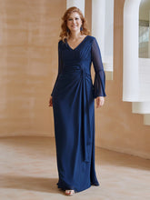 Robe en Mousseline de A-ligne à Col en V avec Manches Longues Longueur au Sol Bleu Marine Grande Taille