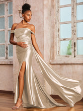 Robe en Satin Extensible à Hors de l'Épaule avec Traîne de Balayage Taupe