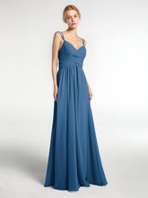 Robe de Demoiselle d'Honneur Longue en Mousseline avec Doubles Bretelles Bleu Encre