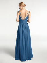 Robe de Demoiselle d'Honneur Longue en Mousseline avec Doubles Bretelles Bleu Encre