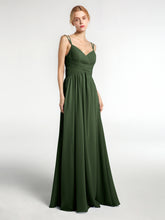 Robe de Demoiselle d'Honneur Longue en Mousseline avec Doubles Bretelles Olive Verte