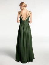 Robe de Demoiselle d'Honneur Longue en Mousseline avec Doubles Bretelles Olive Verte