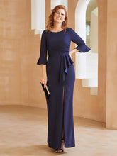 Robe Fourreau avec Fente en Crêpe Extensible Longueur au Sol à Col en Scoop Bleu Marine Grande Taille