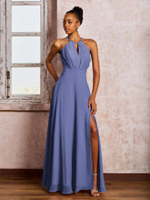 Maxi Robe en Mousseline à Col Licou et Dos Ouvert avec Nœud et Fente Pervenche