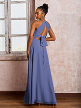 Maxi Robe en Mousseline à Col Licou et Dos Ouvert avec Nœud et Fente Pervenche