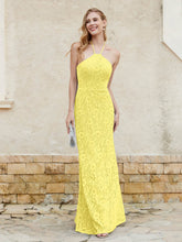 Robe Fourreau en Dentelle Longueur au Sol à Col Licou Citron