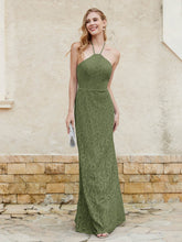 Robe Fourreau en Dentelle Longueur au Sol à Col Licou Olive Verte