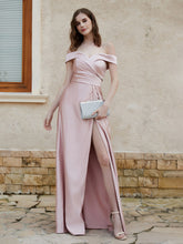 Robe en Satin à Mancherons Hors de l'Épaule avec Fente Rose Poudré