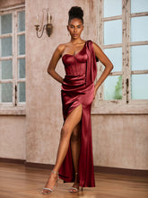 Robe Fourreau en Acétate Satin avec Corset à Une Épaule Bordeaux