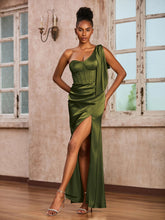 Robe Fourreau en Acétate Satin avec Corset à Une Épaule Olive Verte