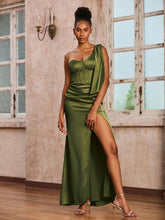 Robe Fourreau en Acétate Satin avec Corset à Une Épaule Olive Verte