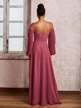 Robe à Hors de l'Épaule et Manches Longues avec Nœud et Fente Cannelle Rose