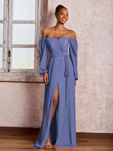 Robe à Hors de l'Épaule et Manches Longues avec Nœud et Fente Pervenche