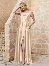Robe Capot de A-ligne en Satin avec Fente Champagne
