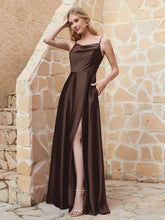 Robe Capot de A-ligne en Satin avec Fente Chocolat