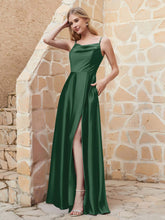 Robe Capot de A-ligne en Satin avec Fente Vert Foncé
