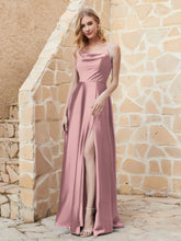 Robe Capot de A-ligne en Satin avec Fente Rose Poudré