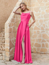 Robe Capot de A-ligne en Satin avec Fente Fuchsia