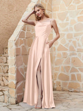Robe Capot de A-ligne en Satin avec Fente Rose Perle