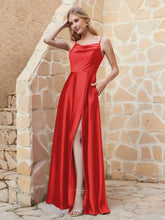 Robe Capot de A-ligne en Satin avec Fente Rouge