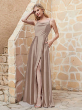 Robe Capot de A-ligne en Satin avec Fente Taupe