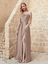 Robe Capot de A-ligne en Satin avec Fente Taupe