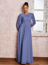 Robe Trapèze Froncée en Mousseline à Col Bateau avec Manches Longues Pervenche