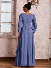 Robe Trapèze Froncée en Mousseline à Col Bateau avec Manches Longues Pervenche