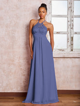 Maxi Robe en Mousseline Sans Manches avec Haut en Dentelle à Col Licou Pervenche