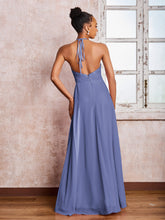 Maxi Robe en Mousseline Sans Manches avec Haut en Dentelle à Col Licou Pervenche