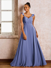 Robe de Demoiselle d'Honneur en Mousseline à Bretelles Froncées Sans Manches Pervenche