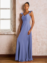 Robe de Demoiselle d'Honneur en Mousseline à Bretelles Froncées Sans Manches Pervenche